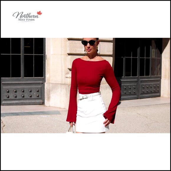 Long Sleeve Crop Top Boat Neck Bell Sleeve Ribbed Ruched Y2K Blouse - Picture 7 of 7